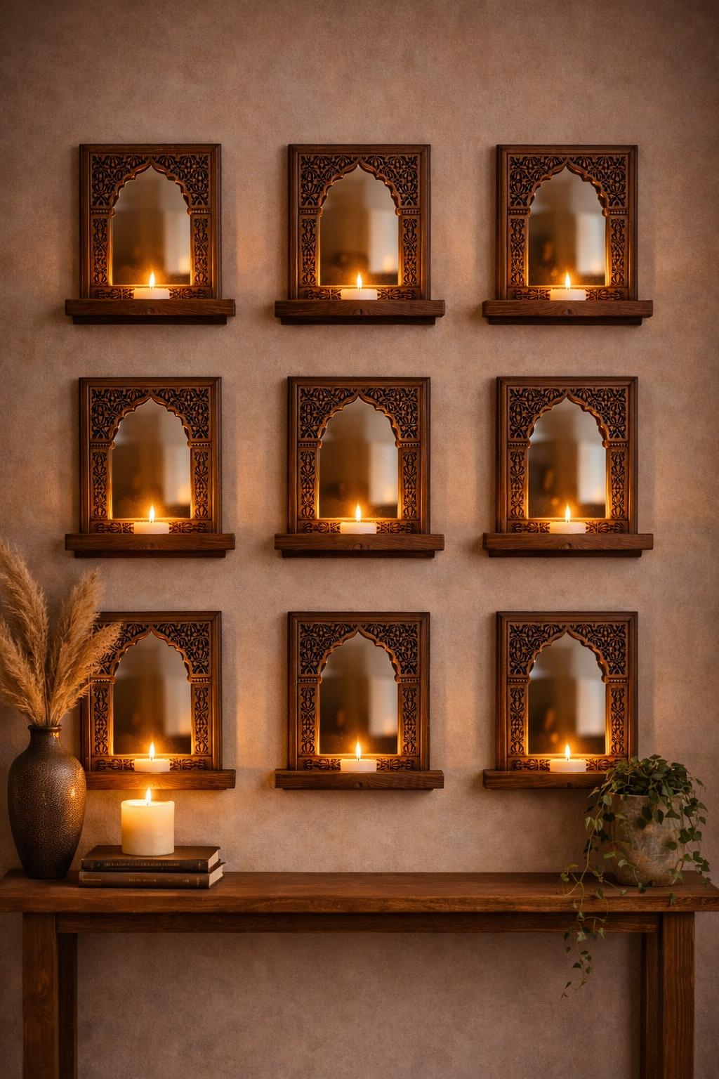 Handcrafted Wooden Jharokha with Shelf | Indian Wall Decor | Rustic Boho Candle Mirror | Entryway & Living Room Decor
