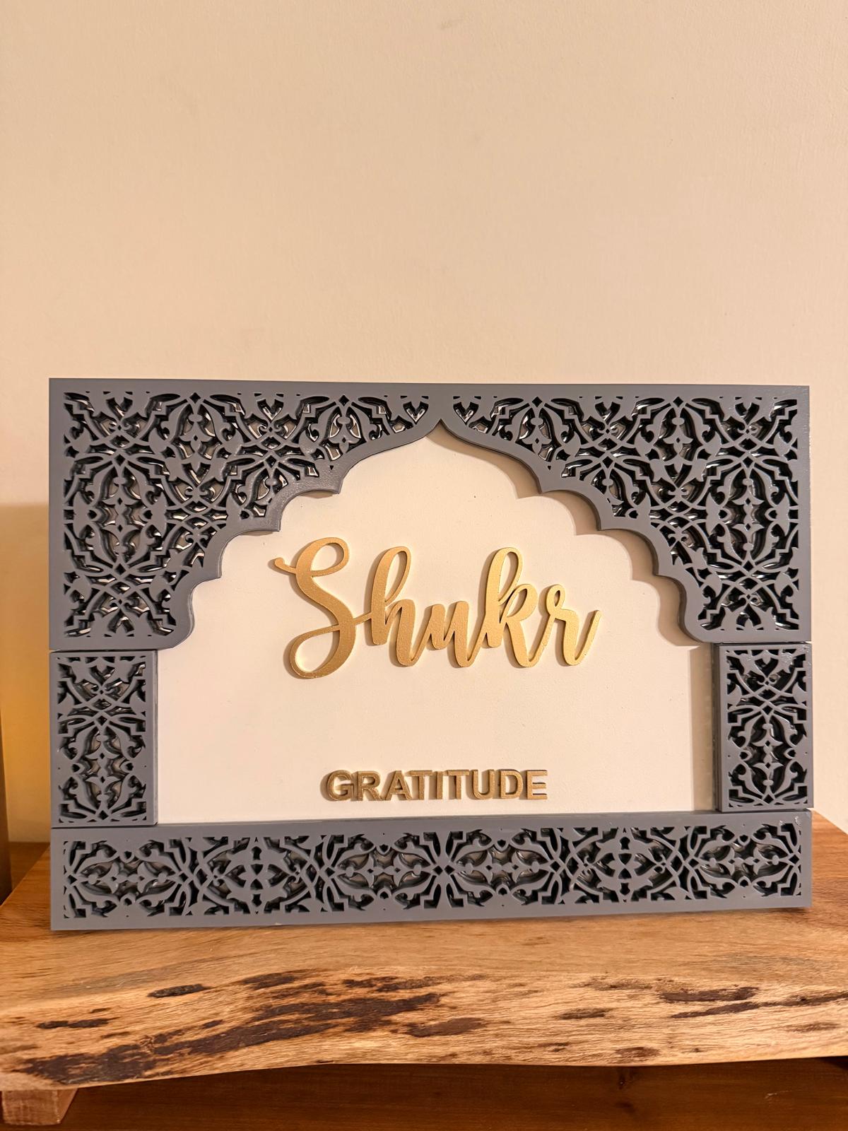Ramadan Shukr Gratitude Wall Art | Islamic Arch Decor | Handcrafted Wooden Ramadan & Eid Home Accent