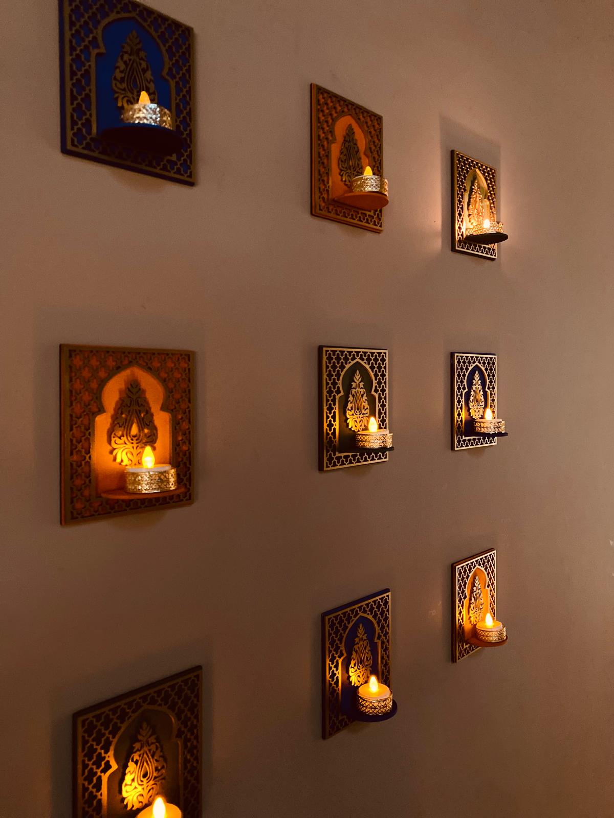 Handcrafted Wooden Jharokha Wall Sconces: Diwali Decor, Metallic Accents