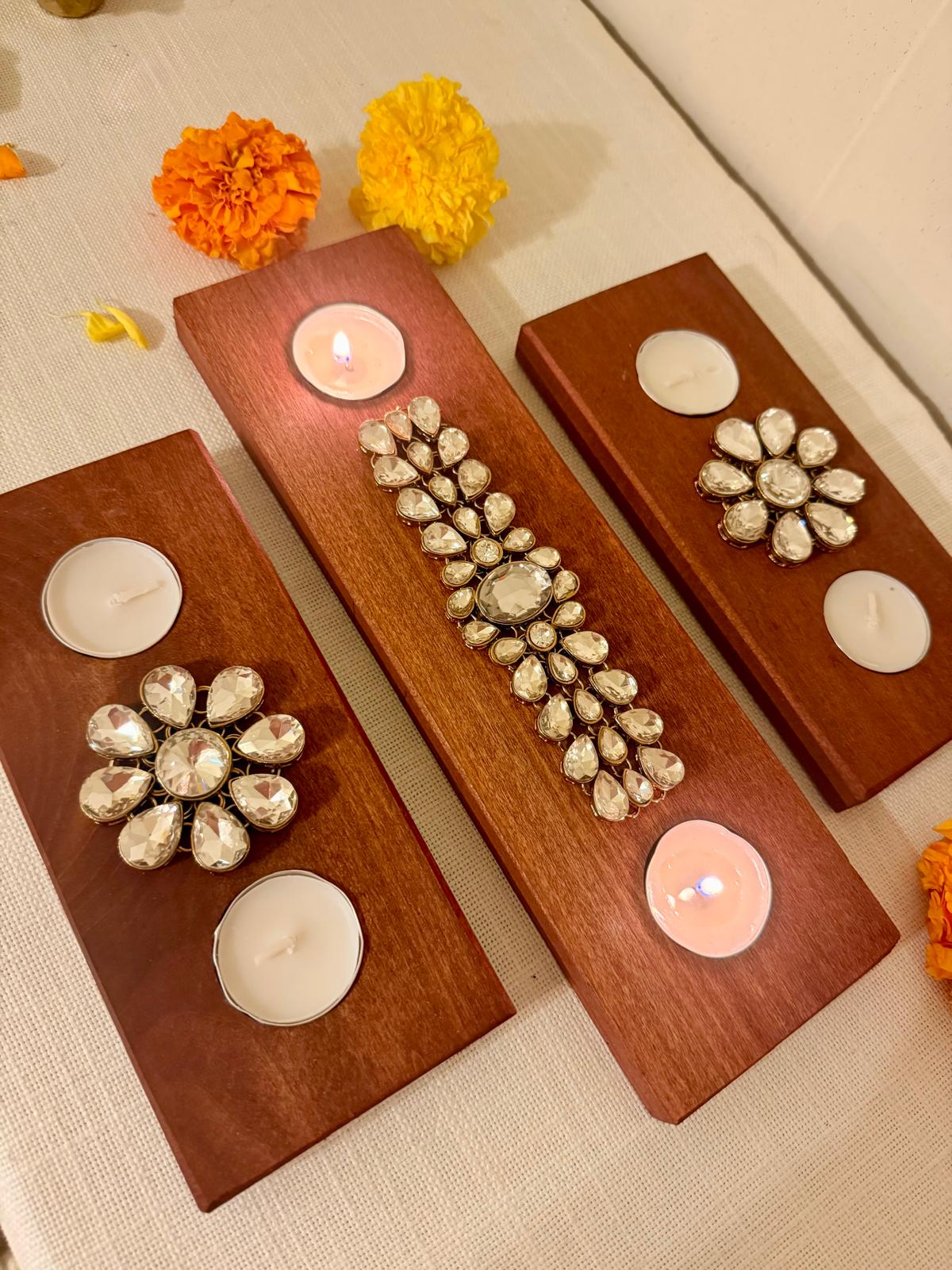 Handcrafted Wooden Tealight Holder with Kundan Stones - Diwali Decor
