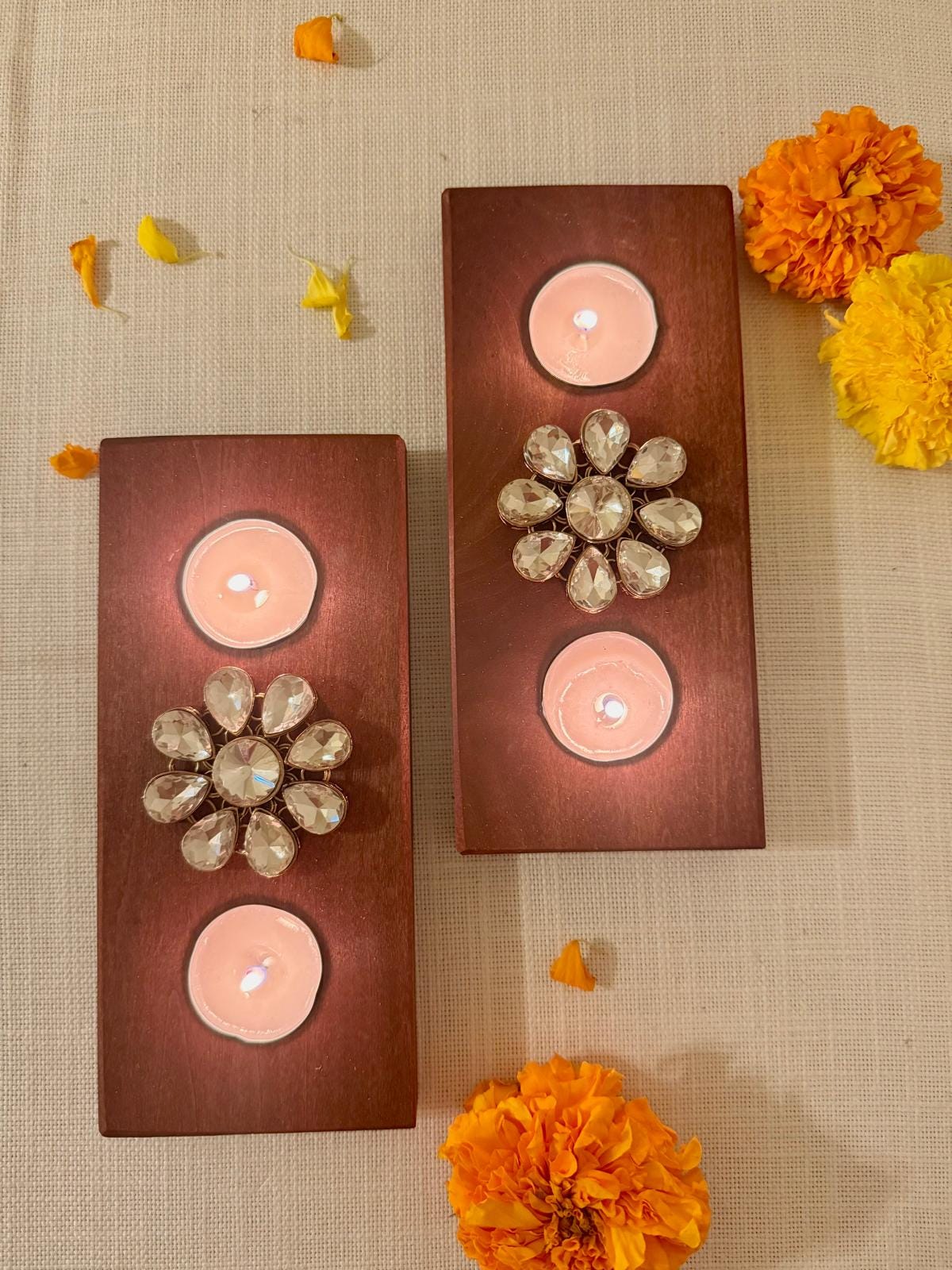 Handcrafted Wooden Tealight Holder with Kundan Stones - Diwali Decor