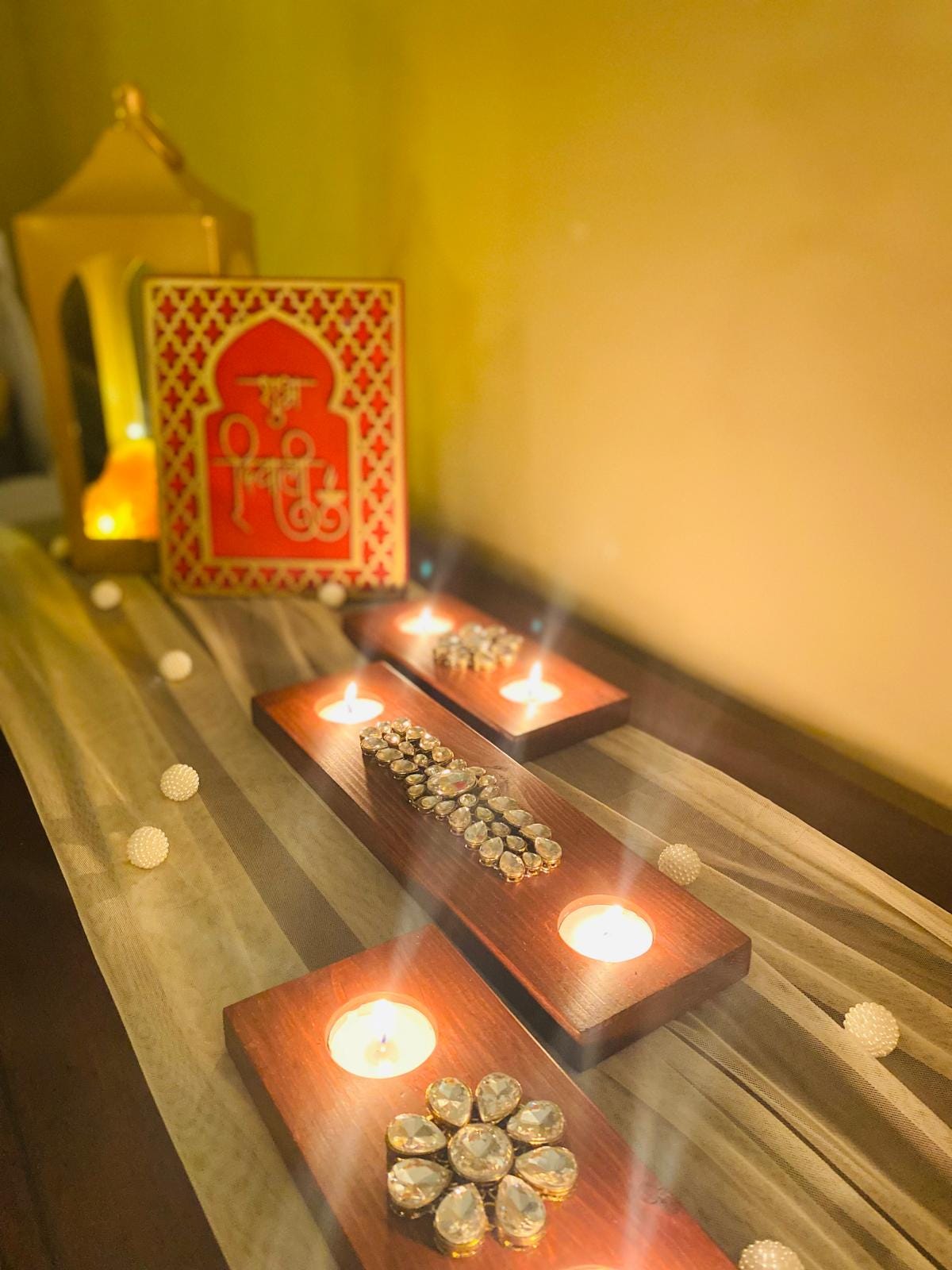 Handcrafted Wooden Tealight Holder with Kundan Stones - Diwali Decor