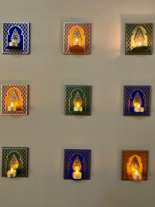 Handcrafted Wooden Jharokha Wall Sconces: Diwali Decor, Metallic Accents