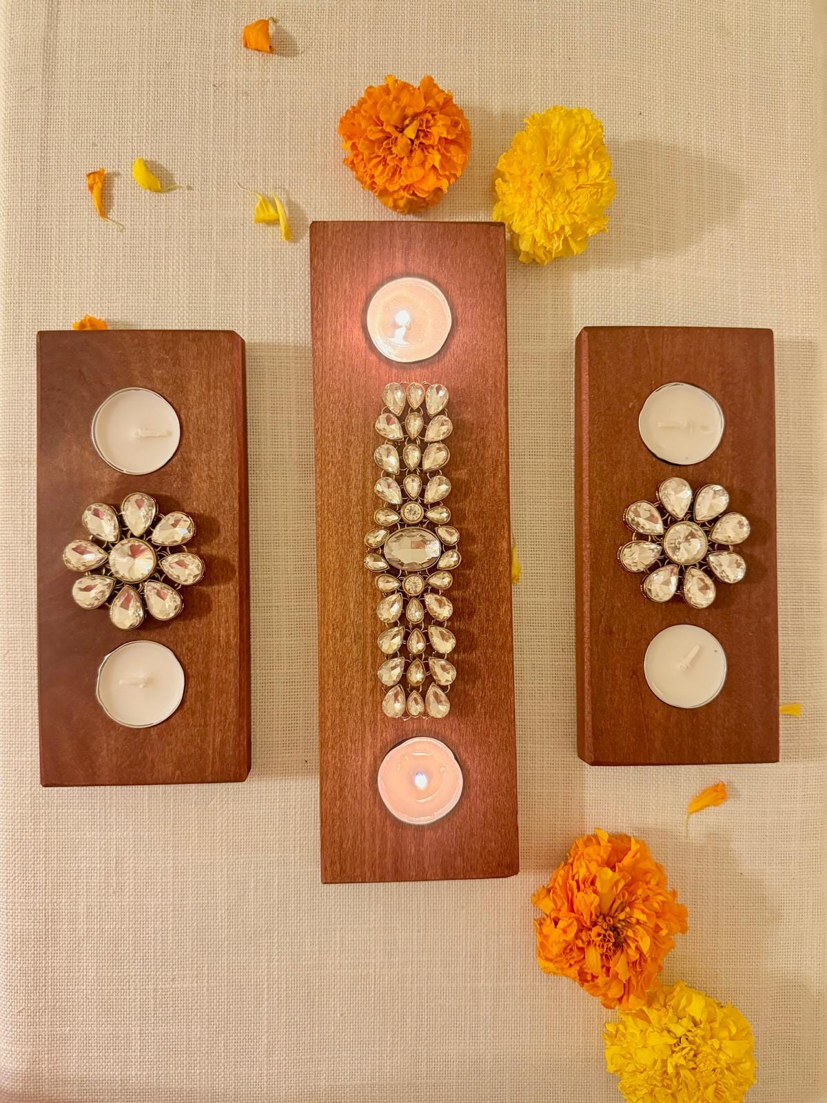 Handcrafted Wooden Tealight Holder with Kundan Stones - Diwali Decor