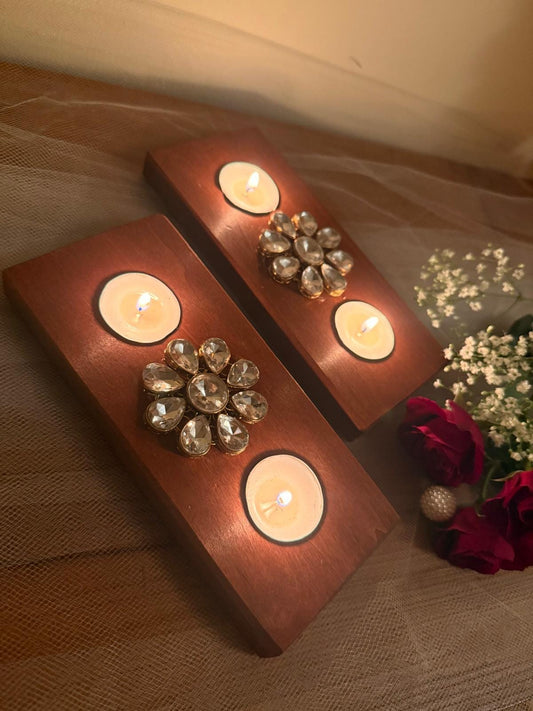 Handcrafted Wooden Tealight Holder with Kundan Stones - Diwali Decor