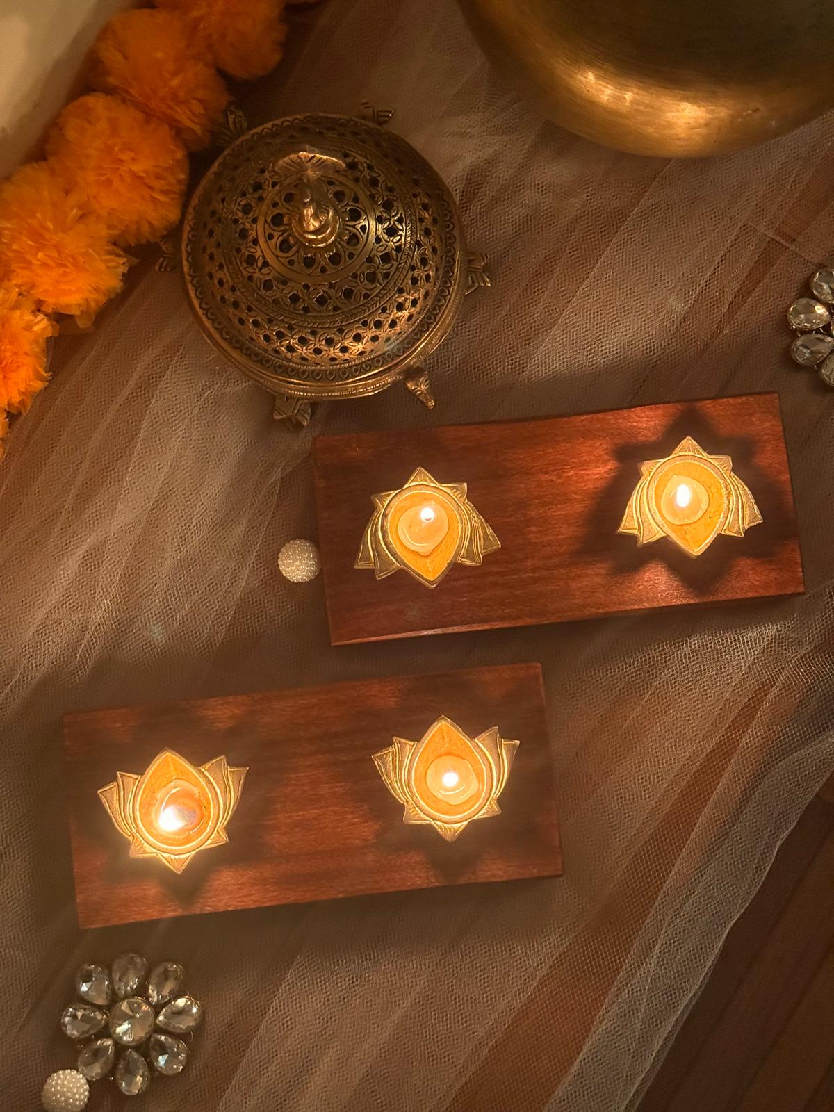 Handcrafted Wooden Tealight Holder with Brass Tealights