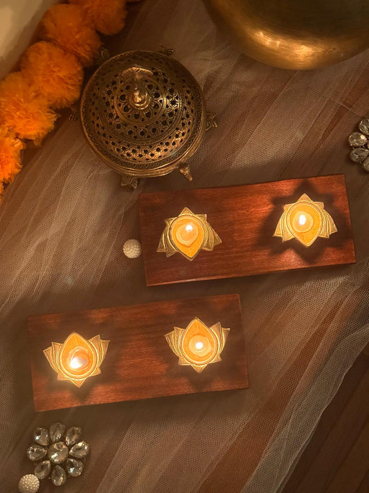 Handcrafted Wooden Tealight Holder with Brass Tealights