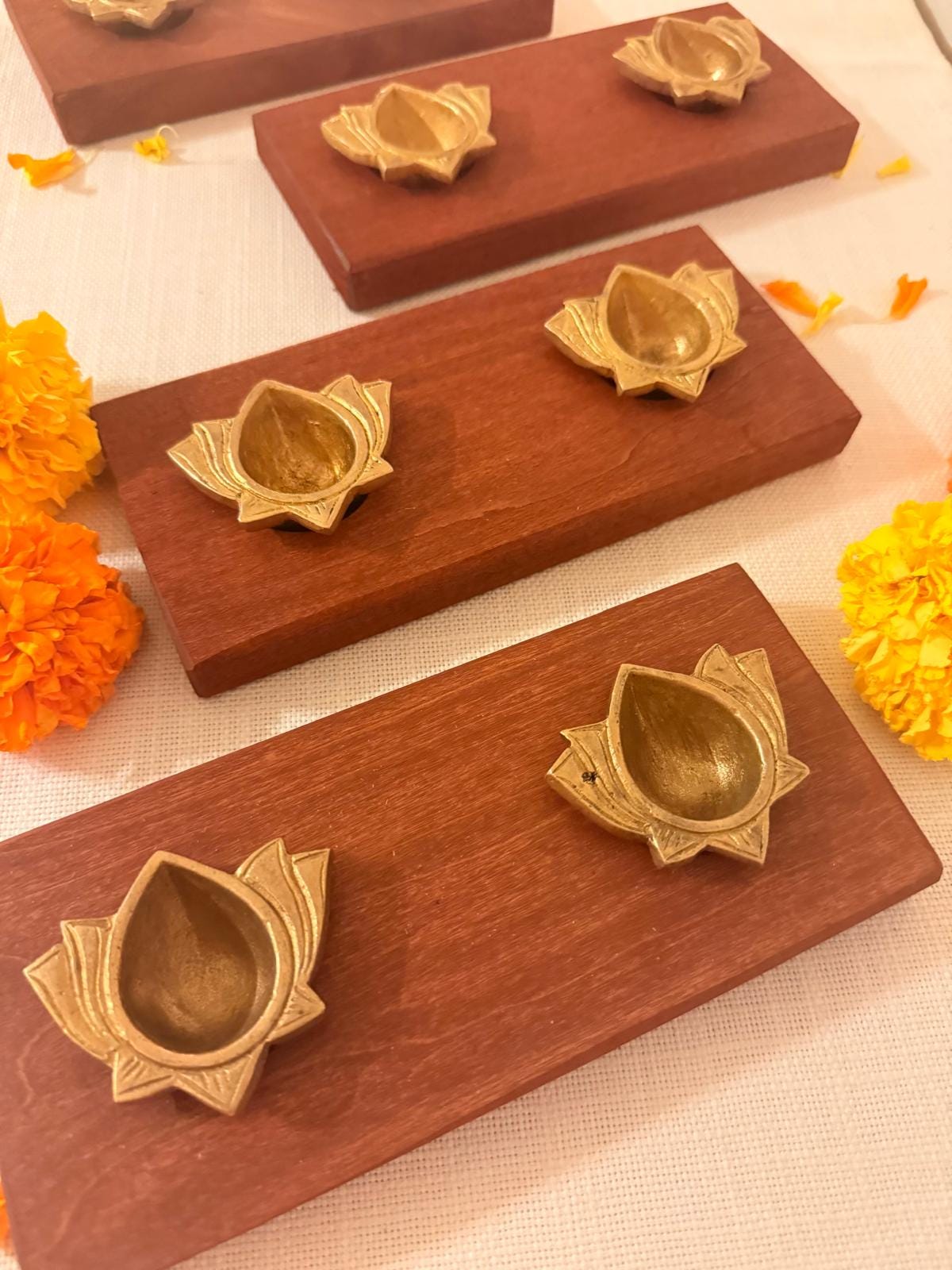 Handcrafted Wooden Tealight Holder with Brass Tealights
