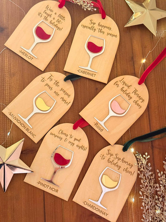 Funny Wine Christmas Ornaments | Laser-Engraved Wooden Wine Tags