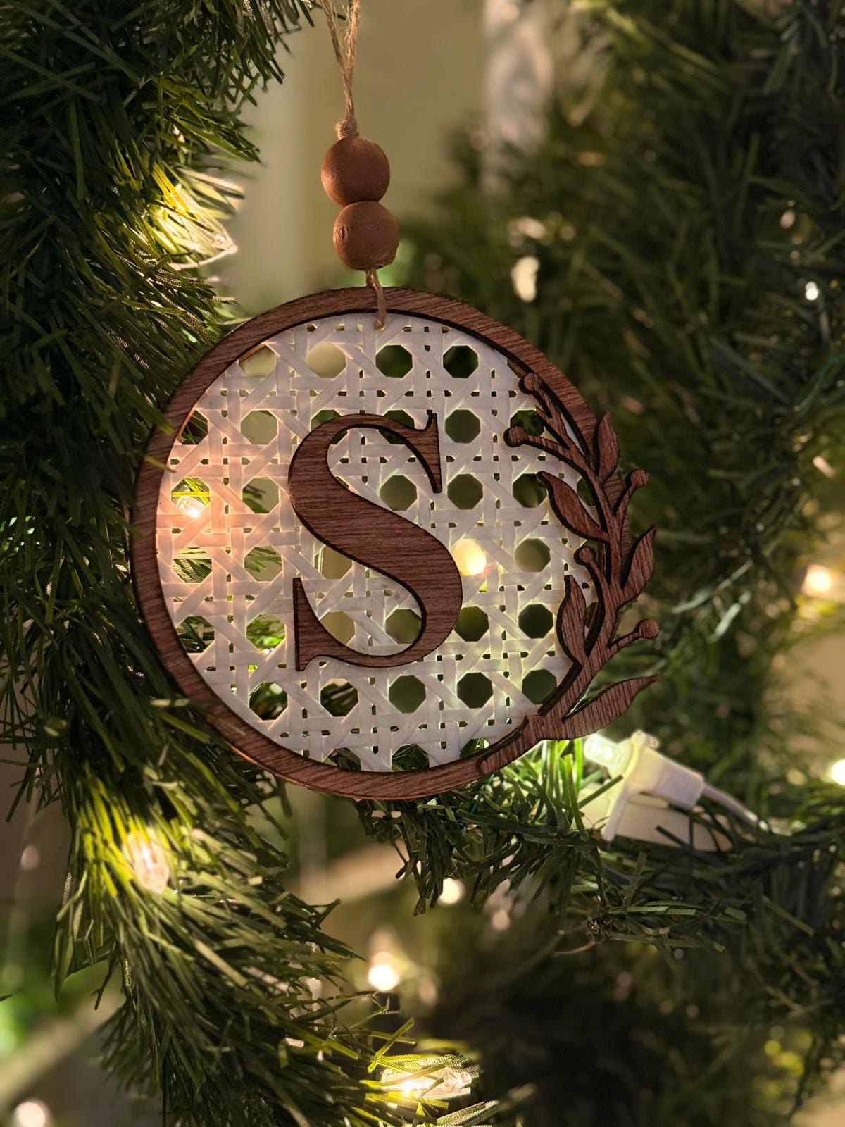 Boho Rattan Initial Ornament • Personalized Christmas Tree Decoration • Rustic Wooden Ornament Gift