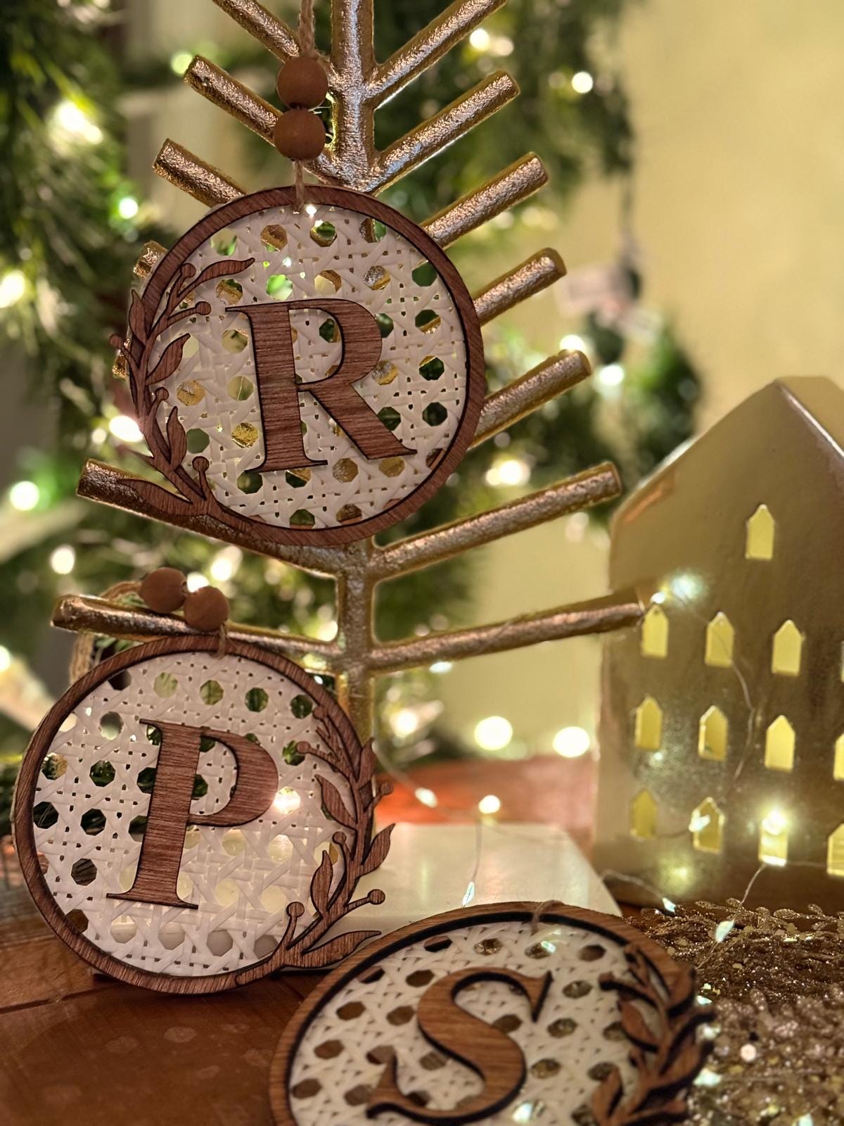 Boho Rattan Initial Ornament • Personalized Christmas Tree Decoration • Rustic Wooden Ornament Gift