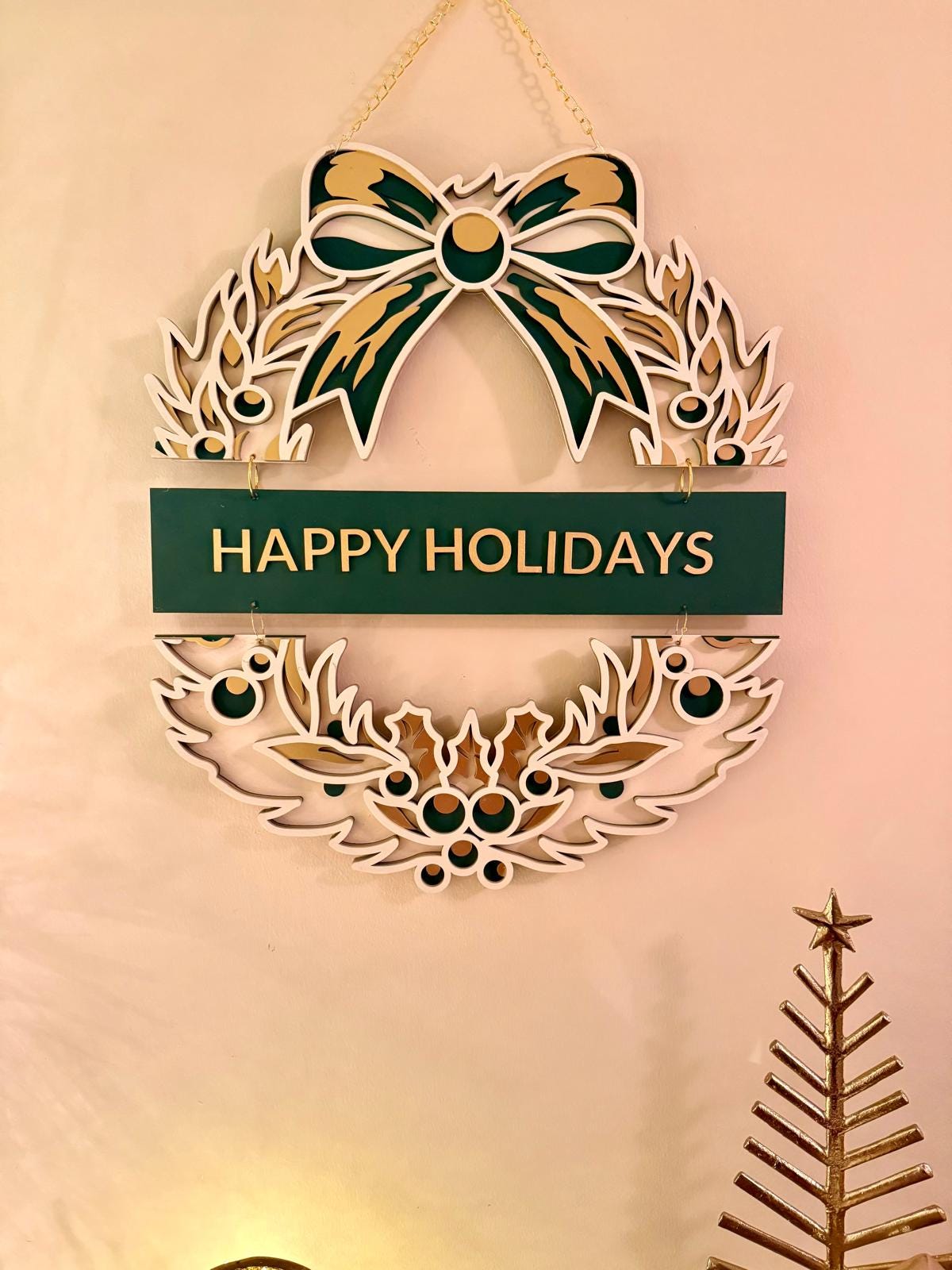 Layered Wooden Christmas Wreath Sign • Holiday Door Decor • Festive Wall Hanging • Happy Holidays Decoration