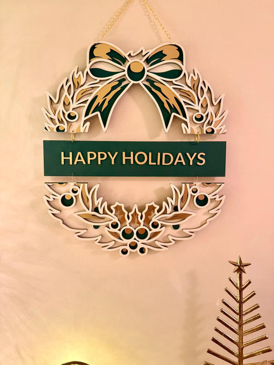 Layered Wooden Christmas Wreath Sign • Holiday Door Decor • Festive Wall Hanging • Happy Holidays Decoration
