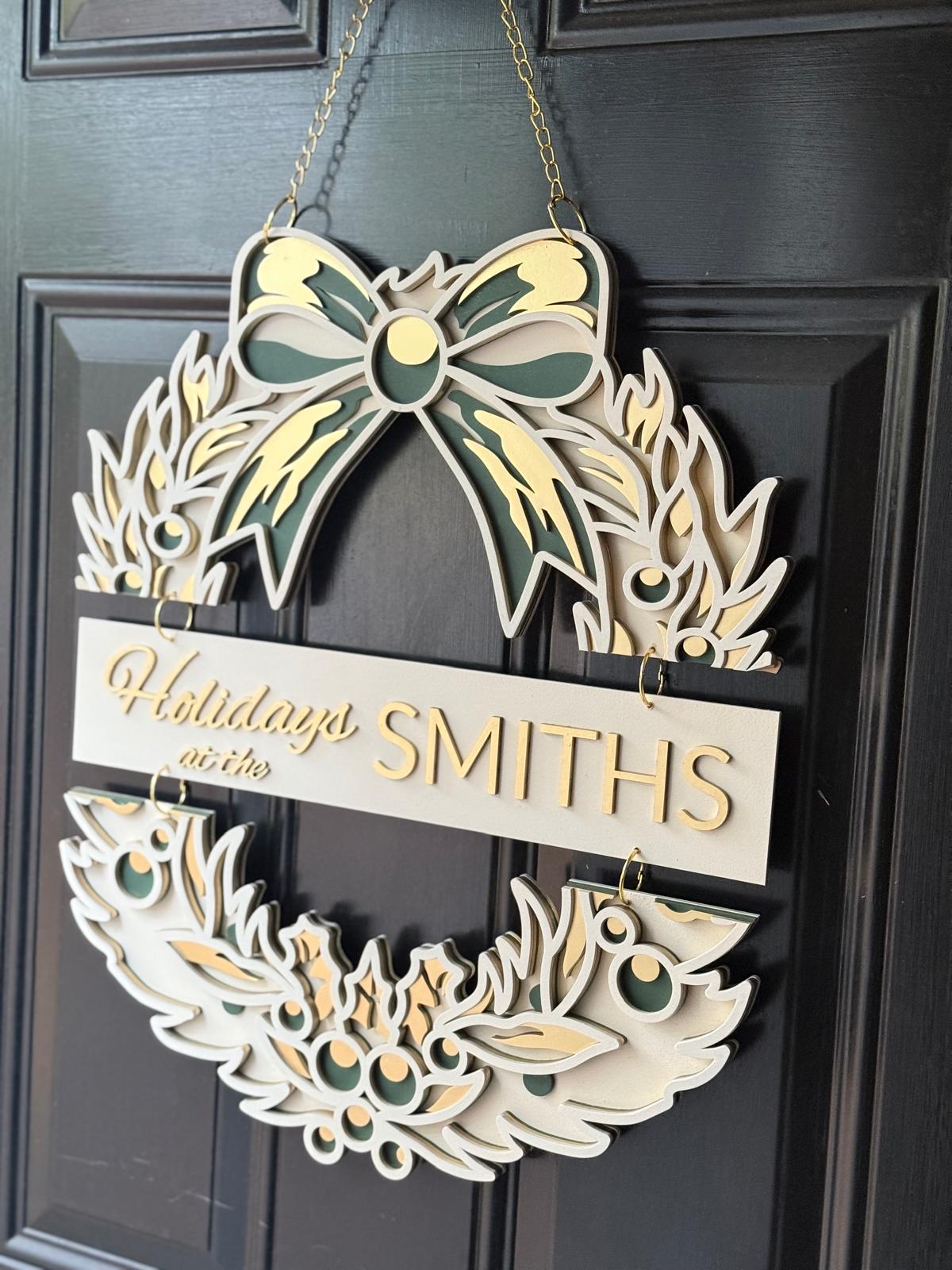 Layered Wooden Christmas Wreath Sign • Holiday Door Decor • Festive Wall Hanging • Happy Holidays Decoration