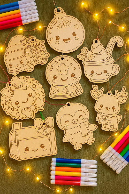 DIY Christmas Coloring Ornament Kit for Kids – Wooden Holiday Craft Set with Markers
