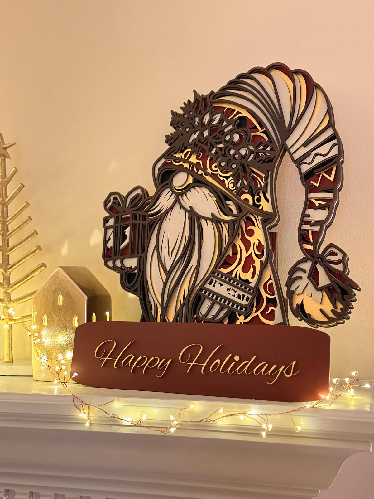 Luxury Layered Santa Christmas Decor – 3D Wooden Santa Sign with Stand, Laser Cut Holiday Table Display