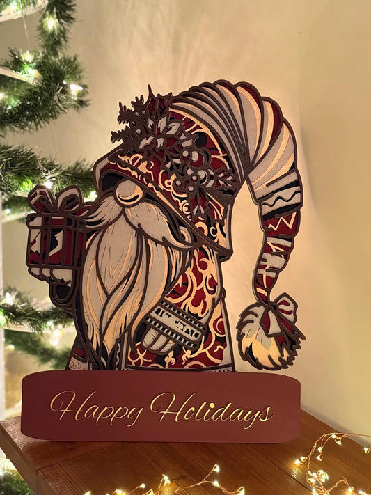 Luxury Layered Santa Christmas Decor – 3D Wooden Santa Sign with Stand, Laser Cut Holiday Table Display