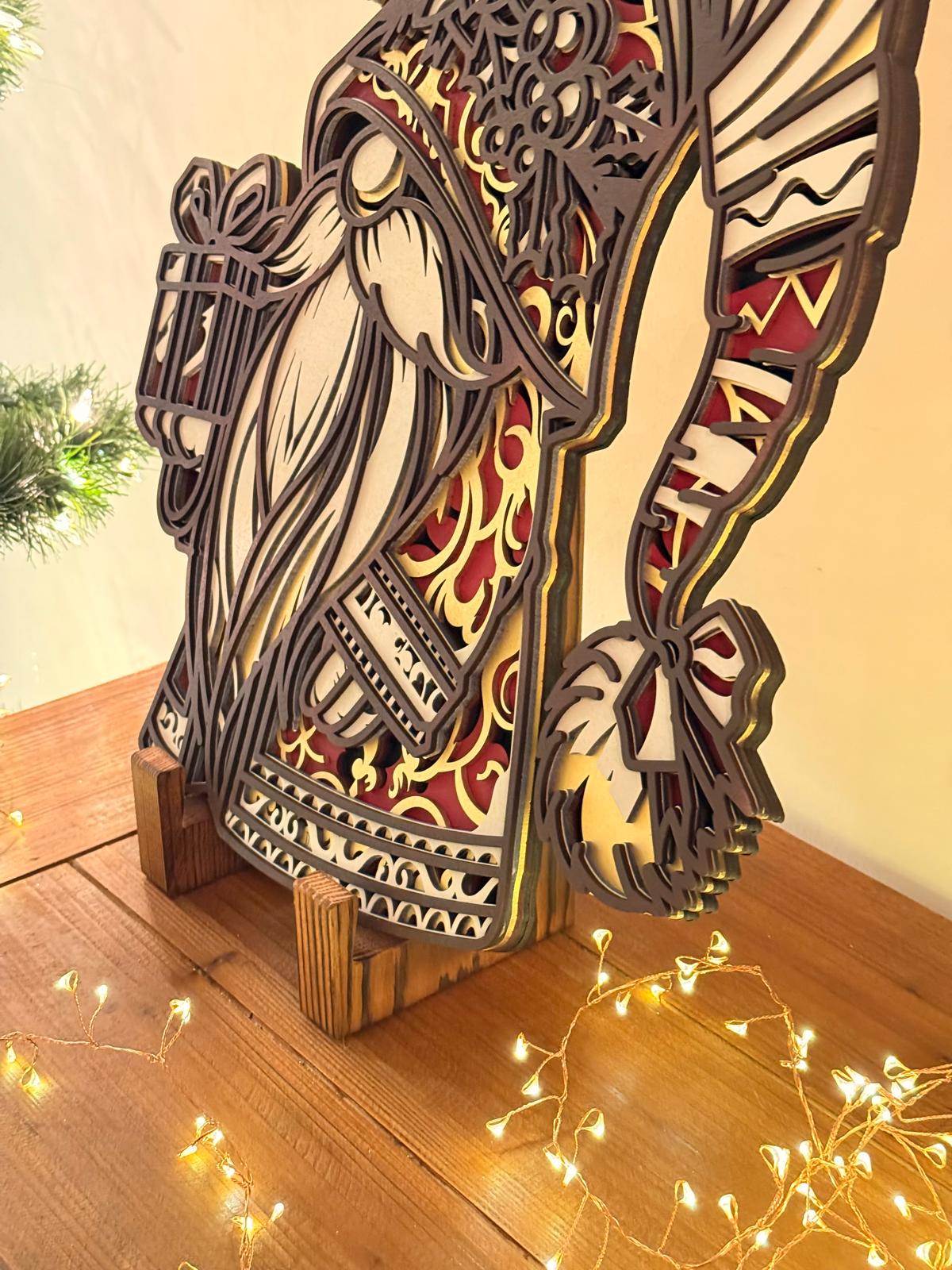 Luxury Layered Santa Christmas Decor – 3D Wooden Santa Sign with Stand, Laser Cut Holiday Table Display