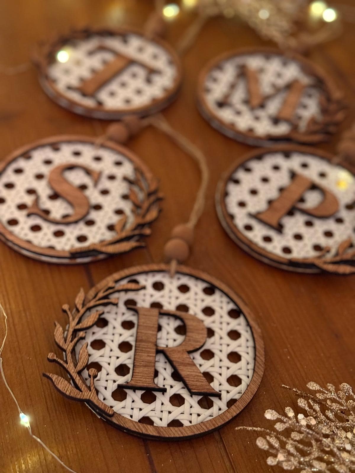 Boho Rattan Initial Ornament • Personalized Christmas Tree Decoration • Rustic Wooden Ornament Gift