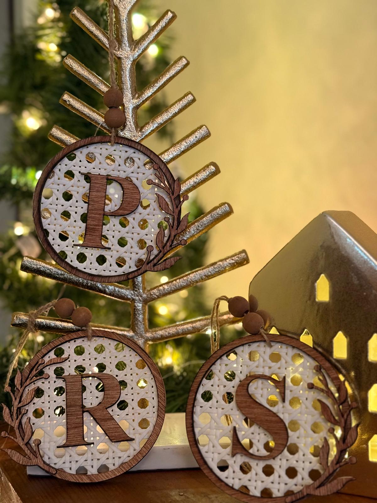 Boho Rattan Initial Ornament • Personalized Christmas Tree Decoration • Rustic Wooden Ornament Gift