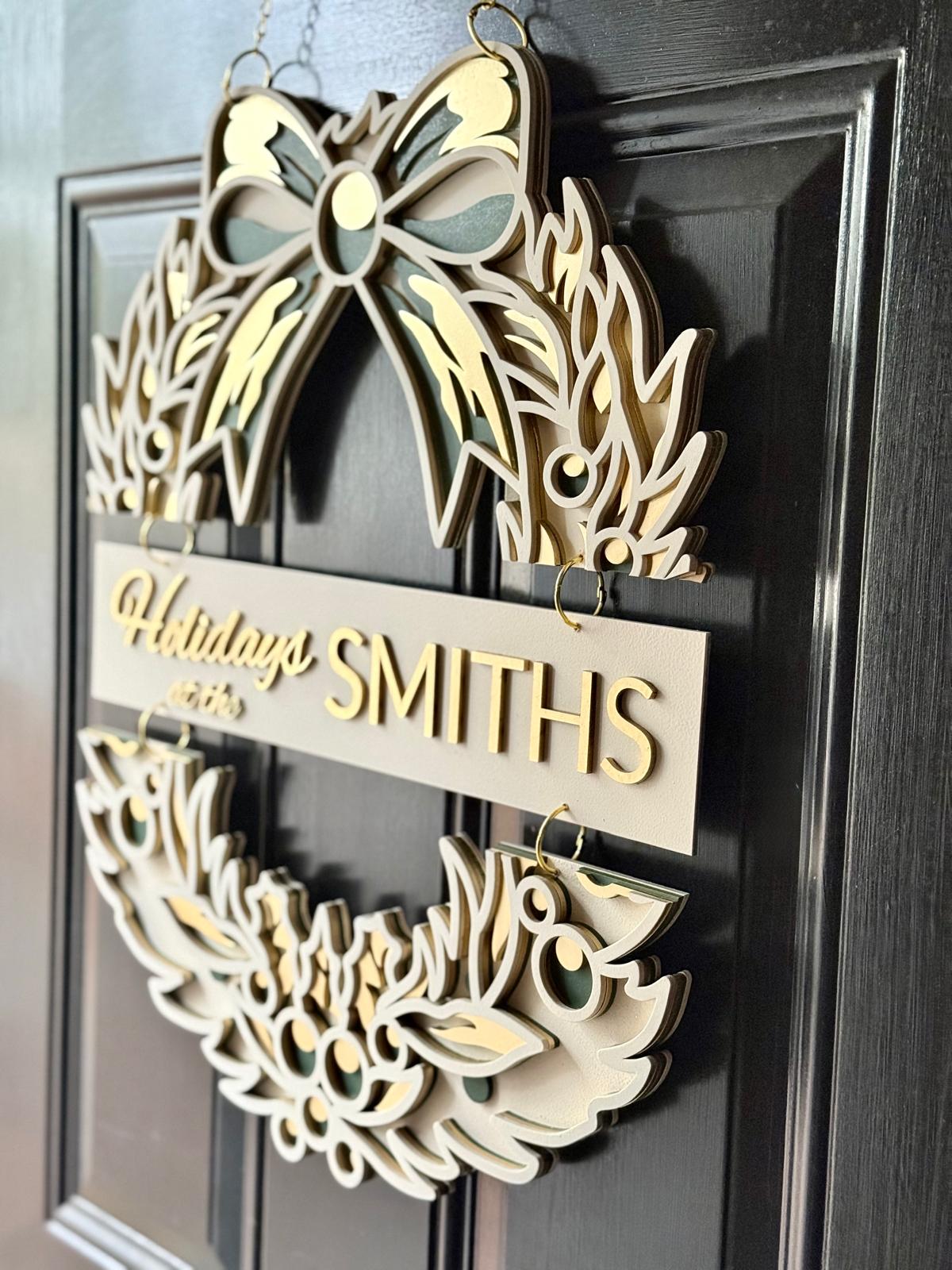 Layered Wooden Christmas Wreath Sign • Holiday Door Decor • Festive Wall Hanging • Happy Holidays Decoration