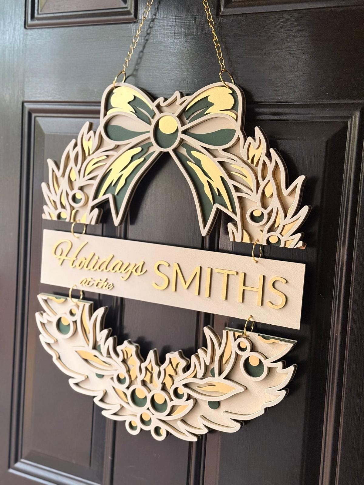 Layered Wooden Christmas Wreath Sign • Holiday Door Decor • Festive Wall Hanging • Happy Holidays Decoration