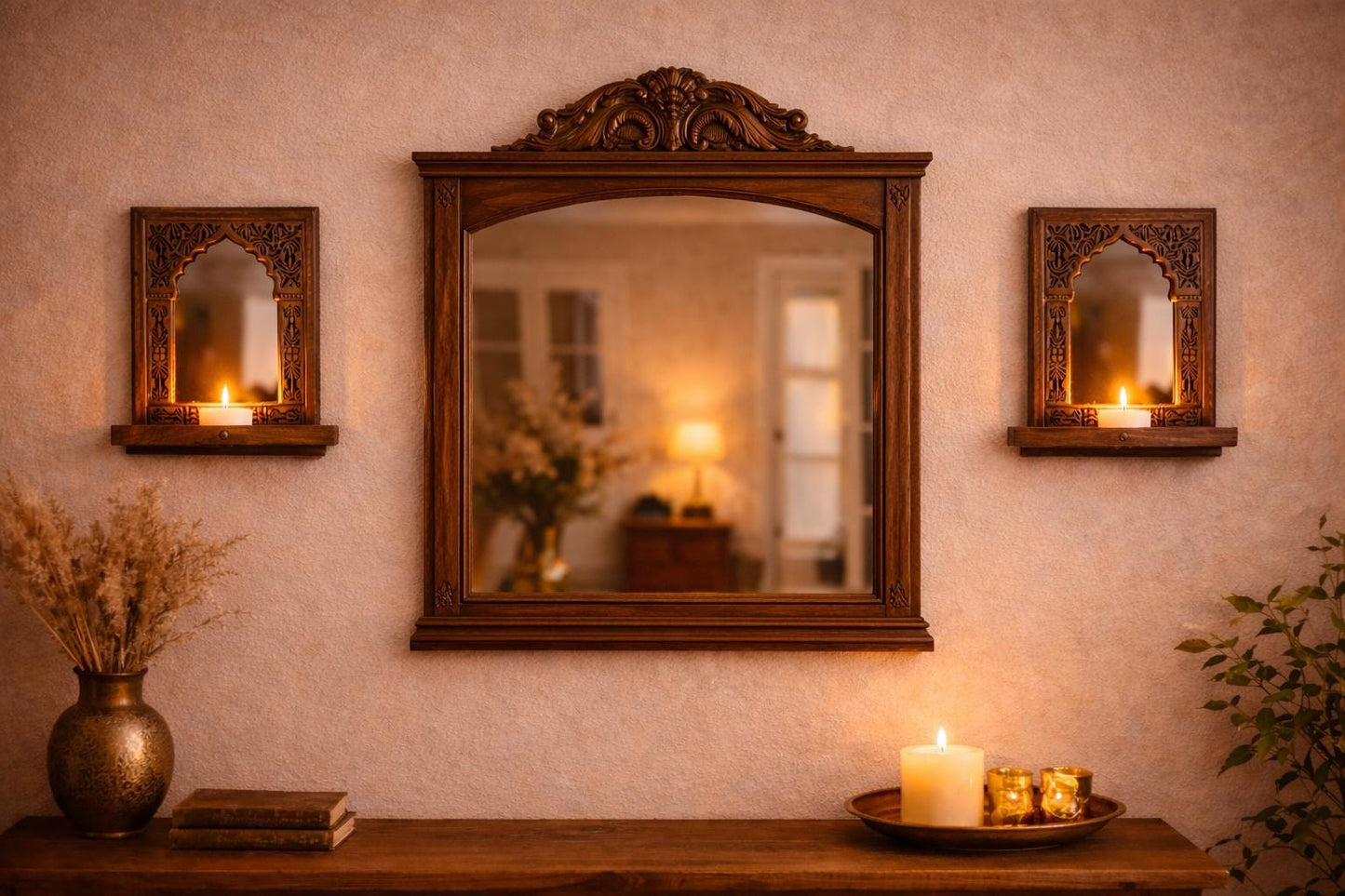 Handcrafted Wooden Jharokha with Shelf | Indian Wall Decor | Rustic Boho Candle Mirror | Entryway & Living Room Decor