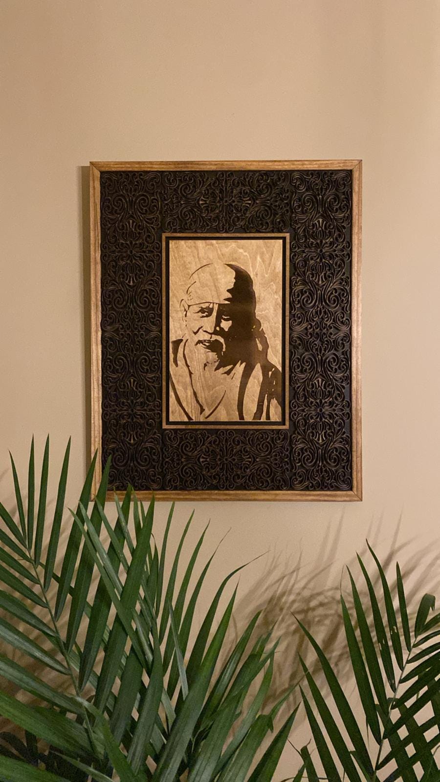 Luxury Handcrafted Wooden Spiritual Wall Art | Intricately Carved Frame with Engraved Portrait | Temple, Meditation & Statement Decor