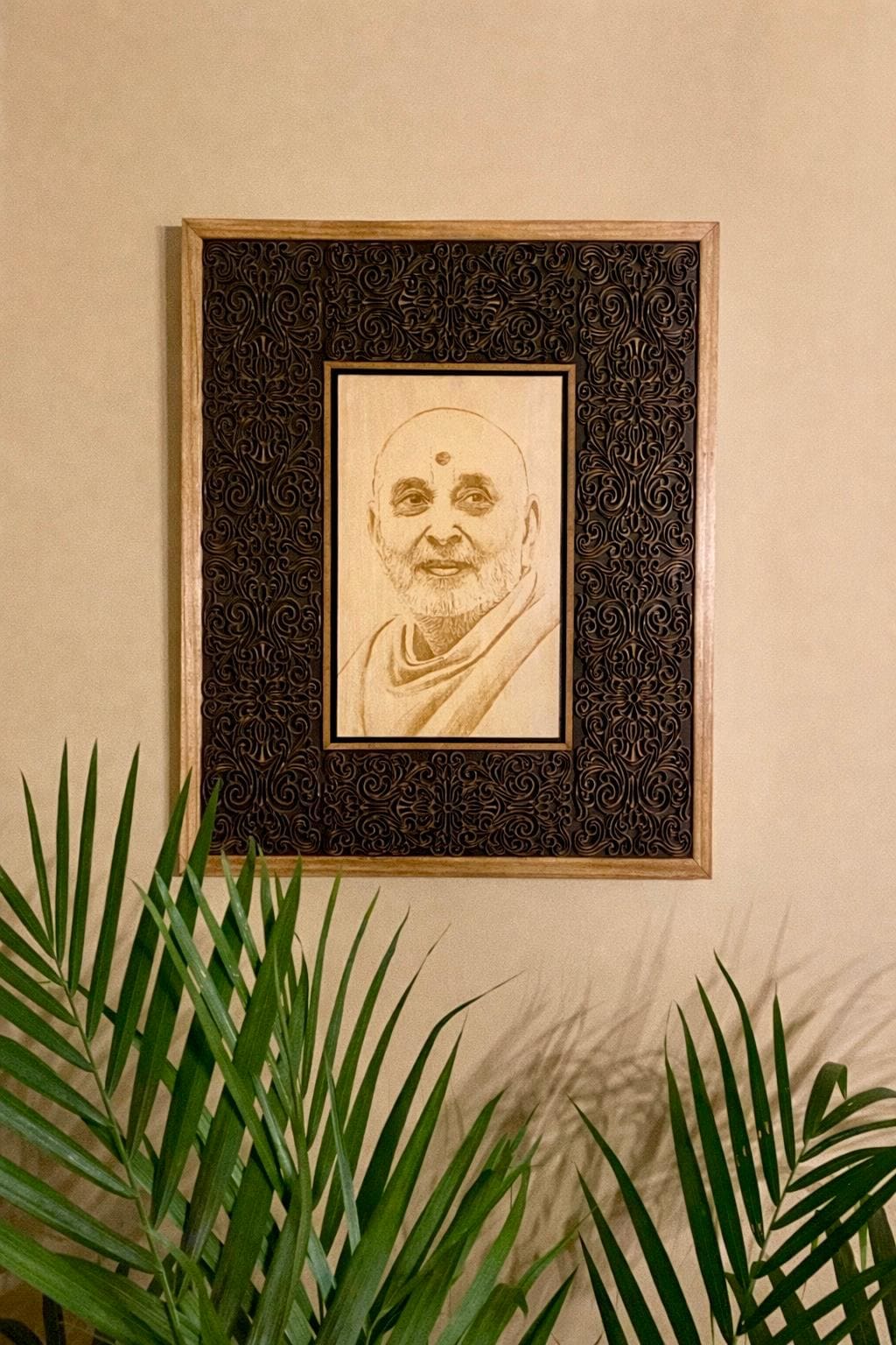 Luxury Handcrafted Wooden Spiritual Wall Art | Intricately Carved Frame with Engraved Portrait | Temple, Meditation & Statement Decor