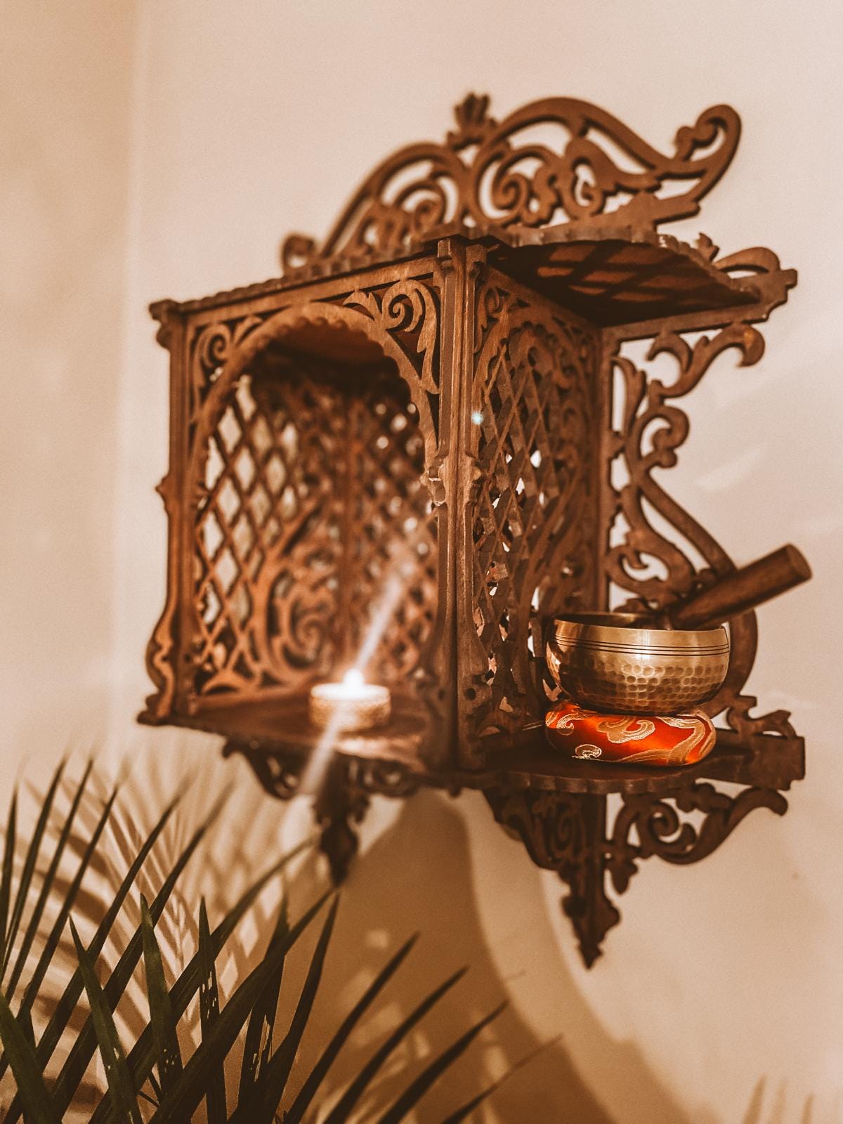Architectural Wooden Wall Altar | Handcrafted Jaali Mandir Shelf