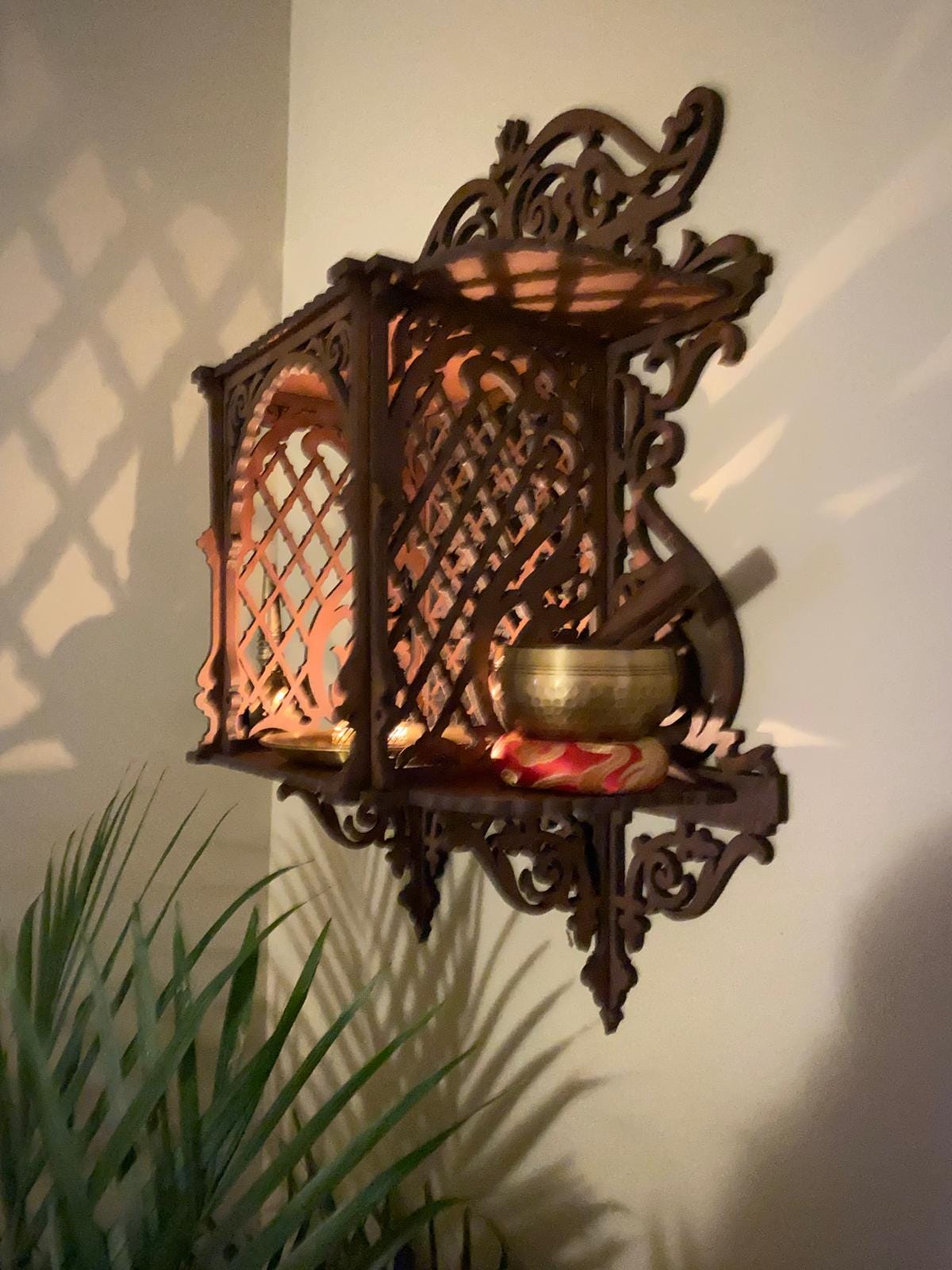 Architectural Wooden Wall Altar | Handcrafted Jaali Mandir Shelf