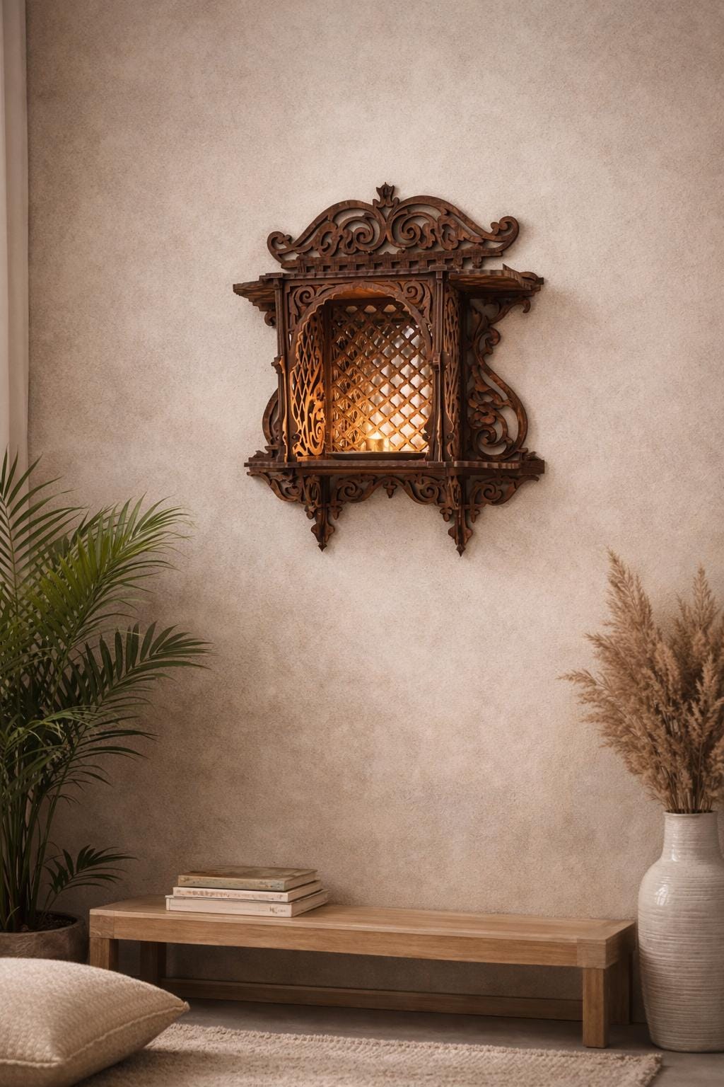Architectural Wooden Wall Altar | Handcrafted Jaali Mandir Shelf