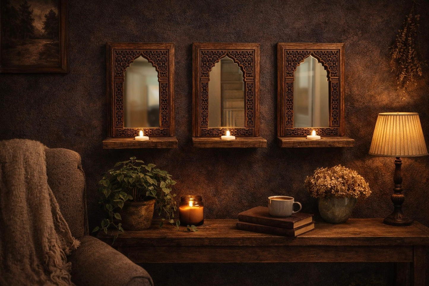 Handcrafted Wooden Jharokha with Shelf | Indian Wall Decor | Rustic Boho Candle Mirror | Entryway & Living Room Decor