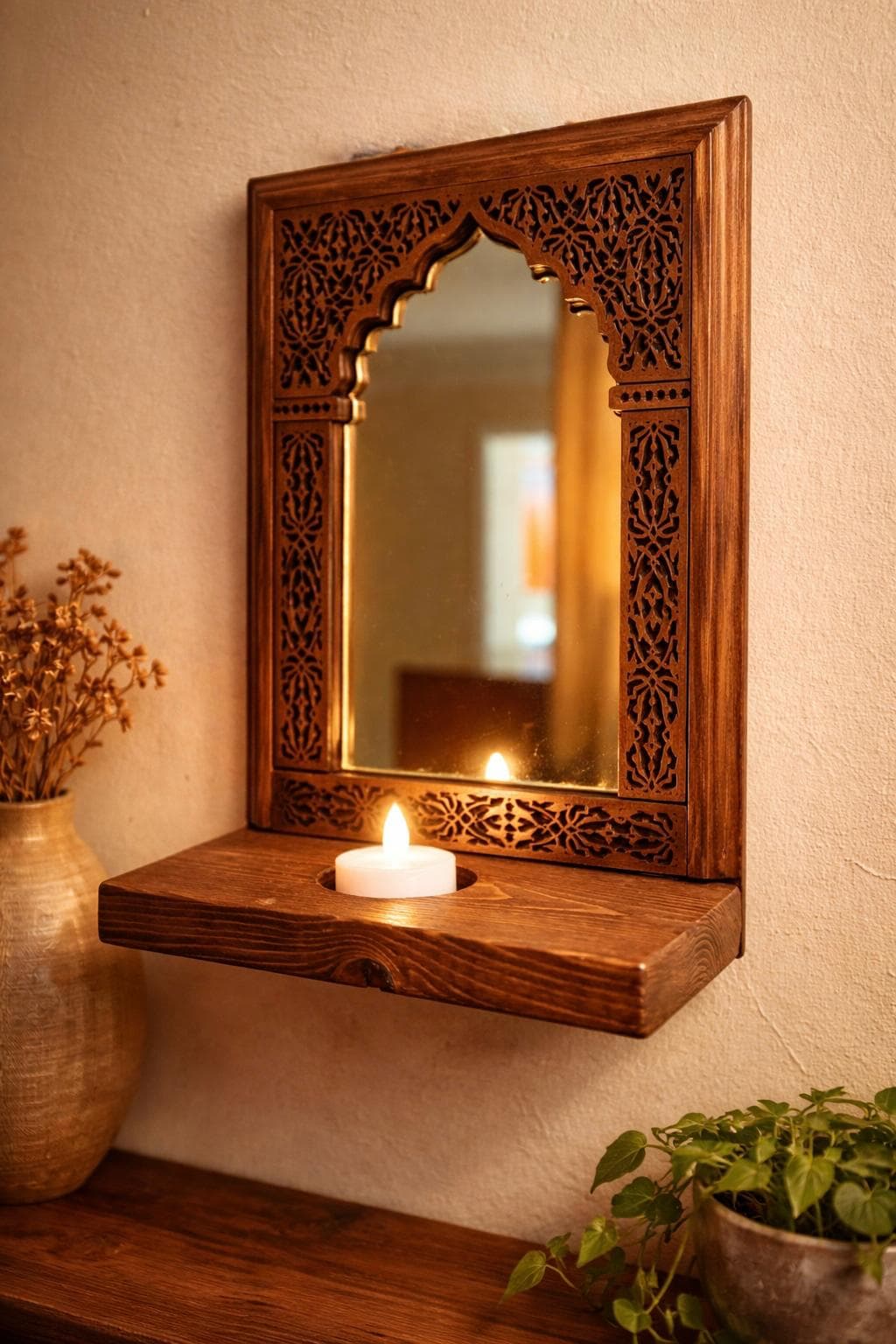 Handcrafted Wooden Jharokha with Shelf | Indian Wall Decor | Rustic Boho Candle Mirror | Entryway & Living Room Decor