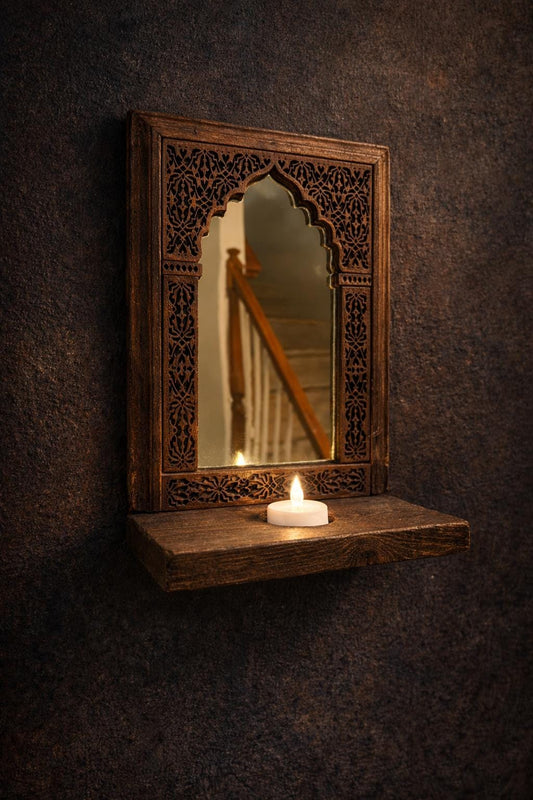 Handcrafted Wooden Jharokha with Shelf | Indian Wall Decor | Rustic Boho Candle Mirror | Entryway & Living Room Decor
