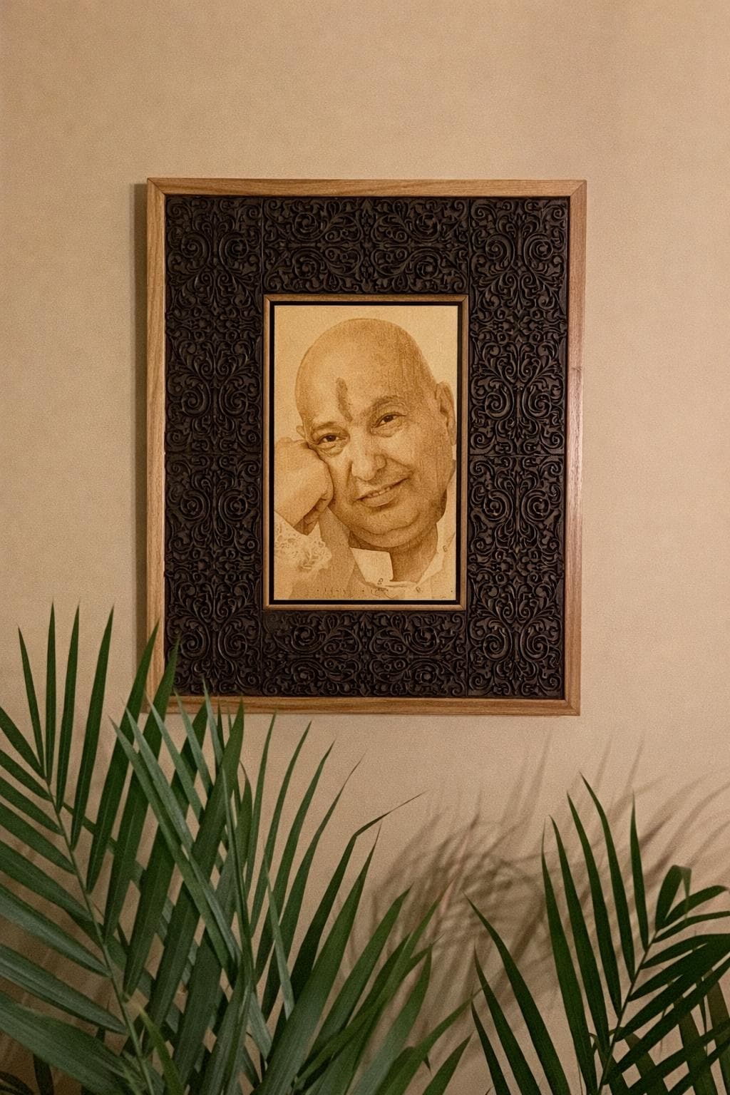 Luxury Handcrafted Wooden Spiritual Wall Art | Intricately Carved Frame with Engraved Portrait | Temple, Meditation & Statement Decor