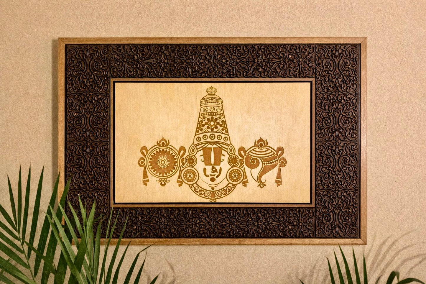 Luxury Handcrafted Wooden Spiritual Wall Art | Intricately Carved Frame with Engraved Portrait | Temple, Meditation & Statement Decor
