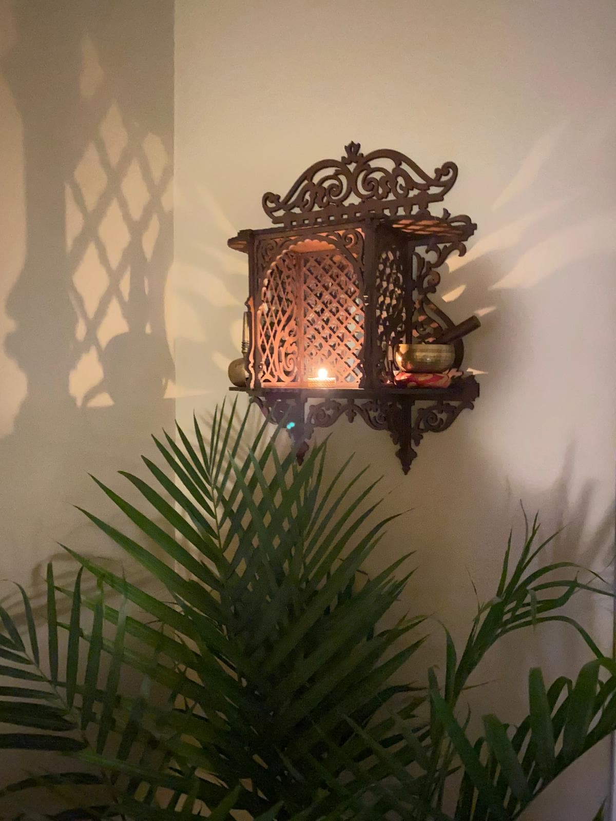 Architectural Wooden Wall Altar | Handcrafted Jaali Mandir Shelf