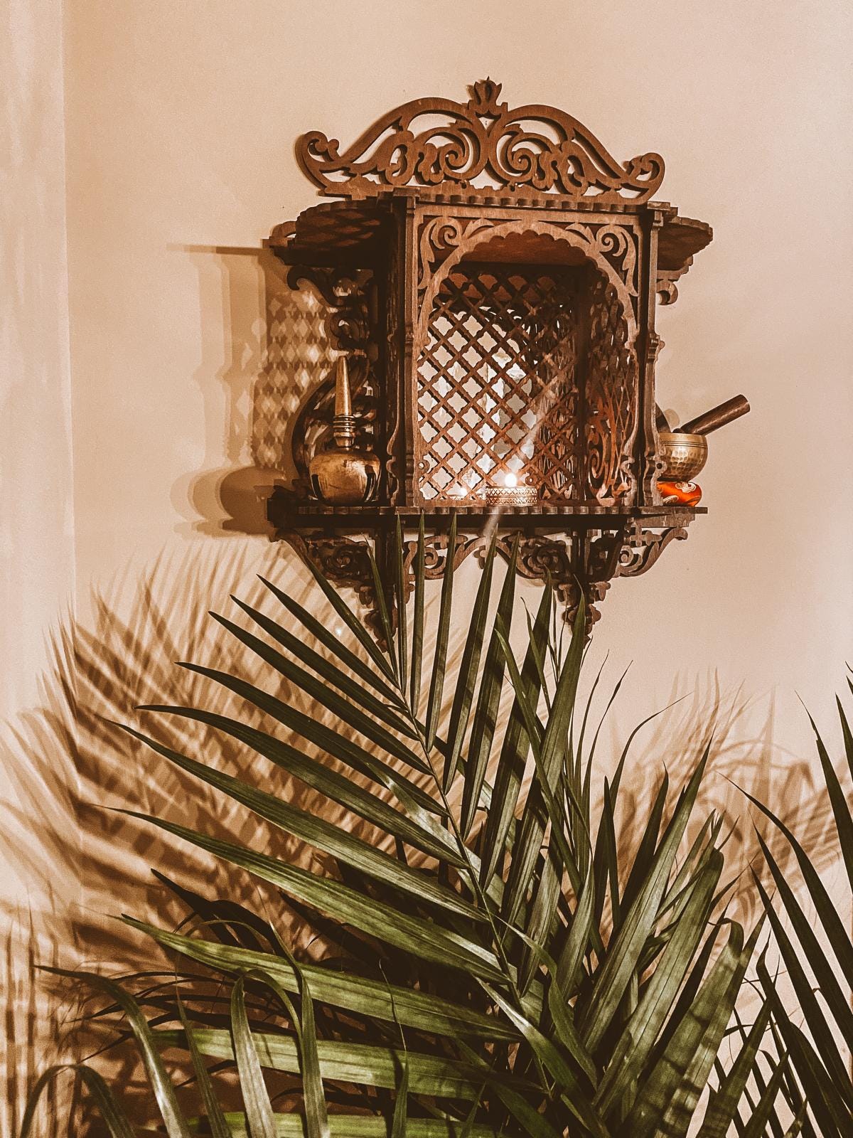 Architectural Wooden Wall Altar | Handcrafted Jaali Mandir Shelf