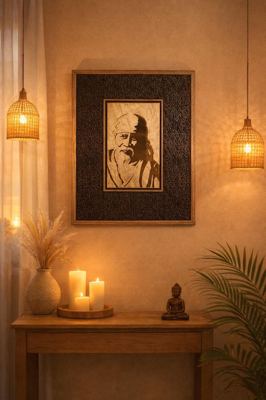 Luxury Handcrafted Wooden Spiritual Wall Art | Intricately Carved Frame with Engraved Portrait | Temple, Meditation & Statement Decor