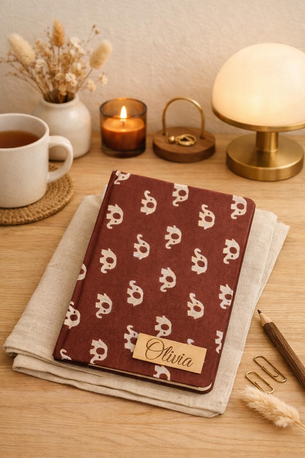 Personalized Fabric Journal with Elephant Motif | Handcrafted Linen Notebook | Mindful Writing & Gifting Journal