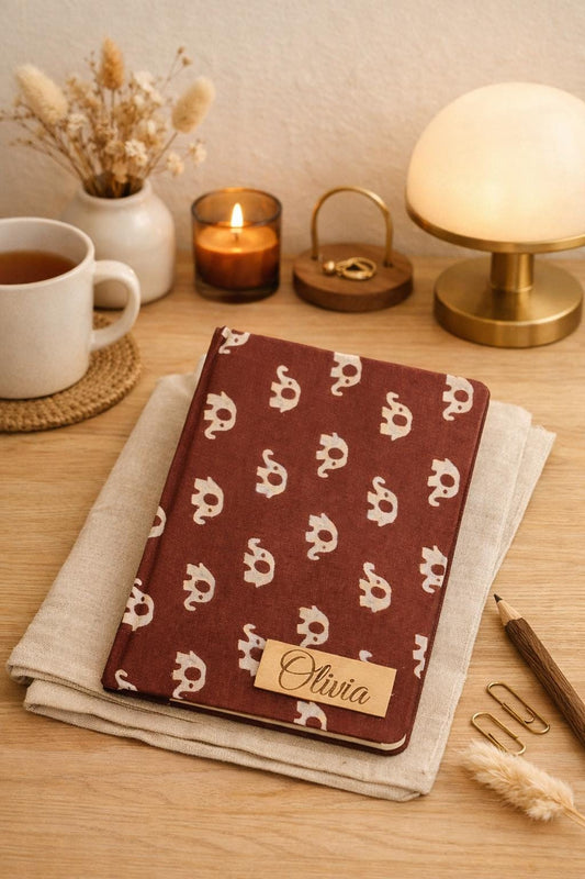 Personalized Fabric Journal with Elephant Motif | Handcrafted Linen Notebook | Mindful Writing & Gifting Journal