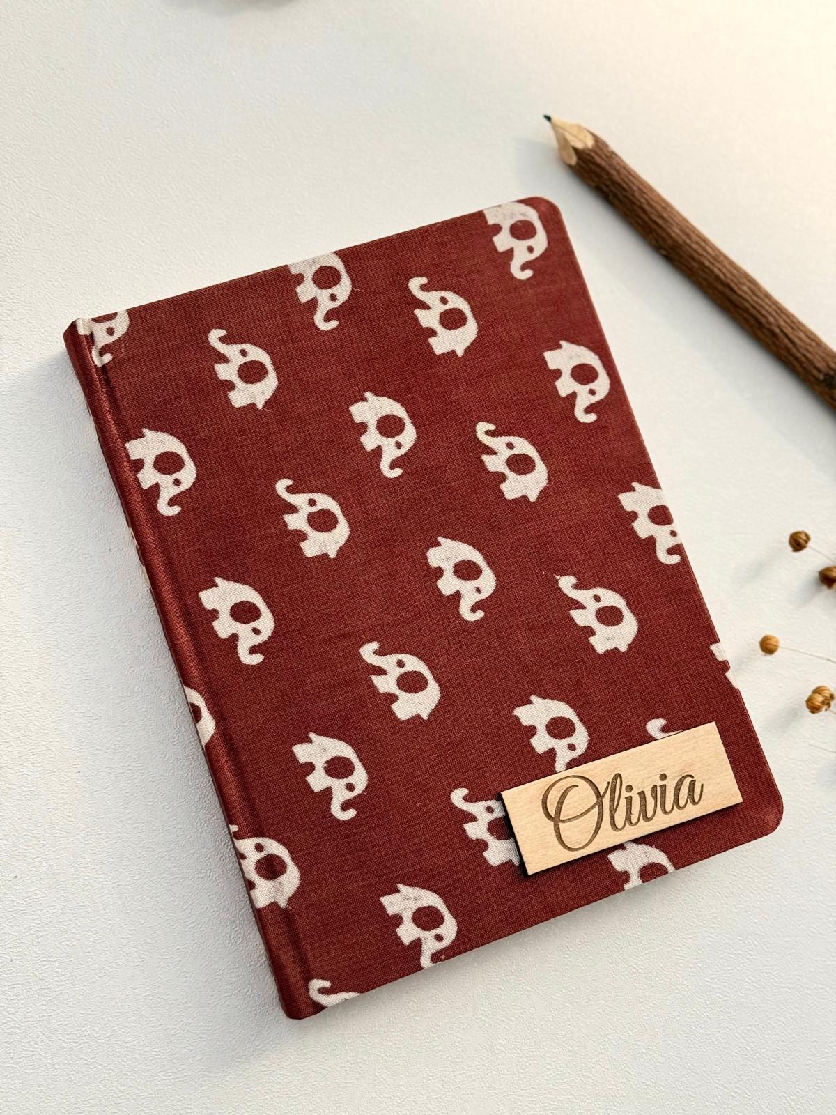 Personalized Fabric Journal with Elephant Motif | Handcrafted Linen Notebook | Mindful Writing & Gifting Journal