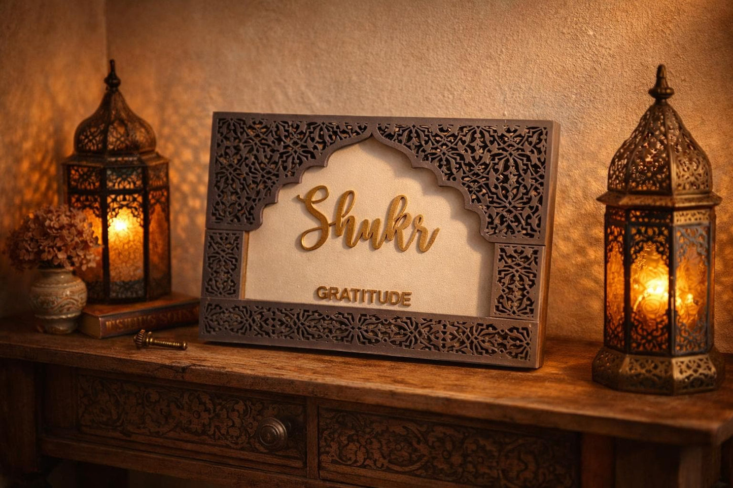 Ramadan Shukr Gratitude Wall Art | Islamic Arch Decor | Handcrafted Wooden Ramadan & Eid Home Accent