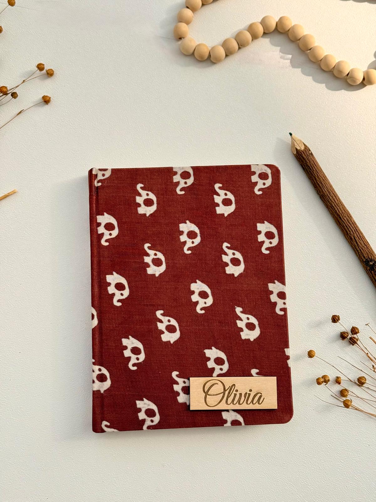 Personalized Fabric Journal with Elephant Motif | Handcrafted Linen Notebook | Mindful Writing & Gifting Journal