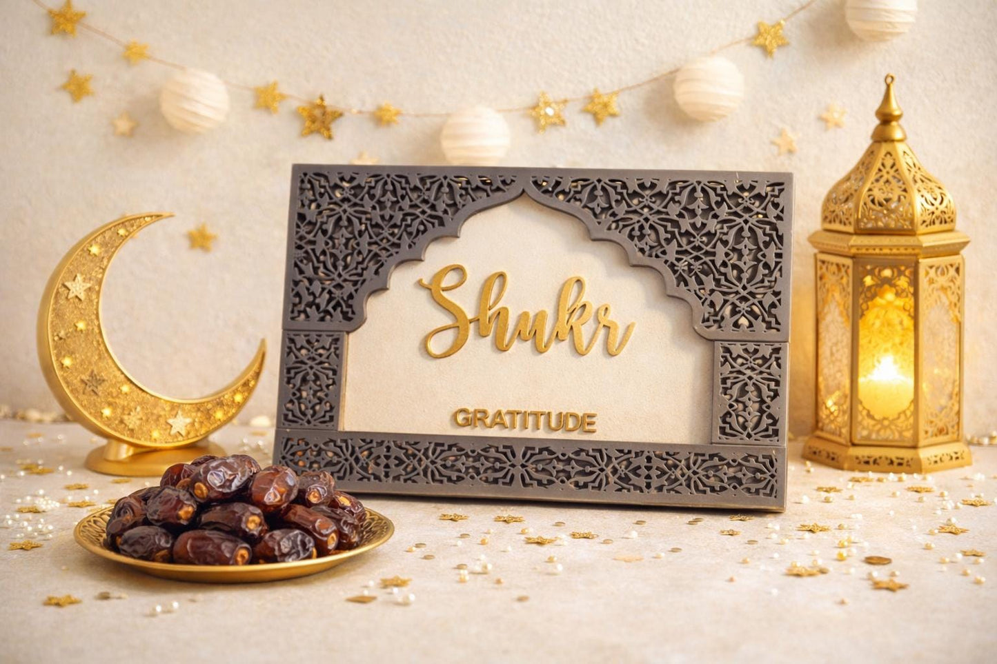 Ramadan Shukr Gratitude Wall Art | Islamic Arch Decor | Handcrafted Wooden Ramadan & Eid Home Accent